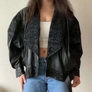 80s vintage oversized puff sleeve embossed leather jacket
